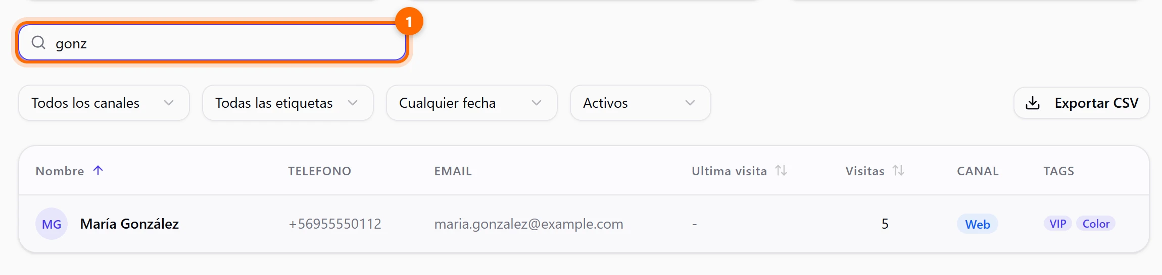 Buscador con la palabra gonz y un solo resultado, María González