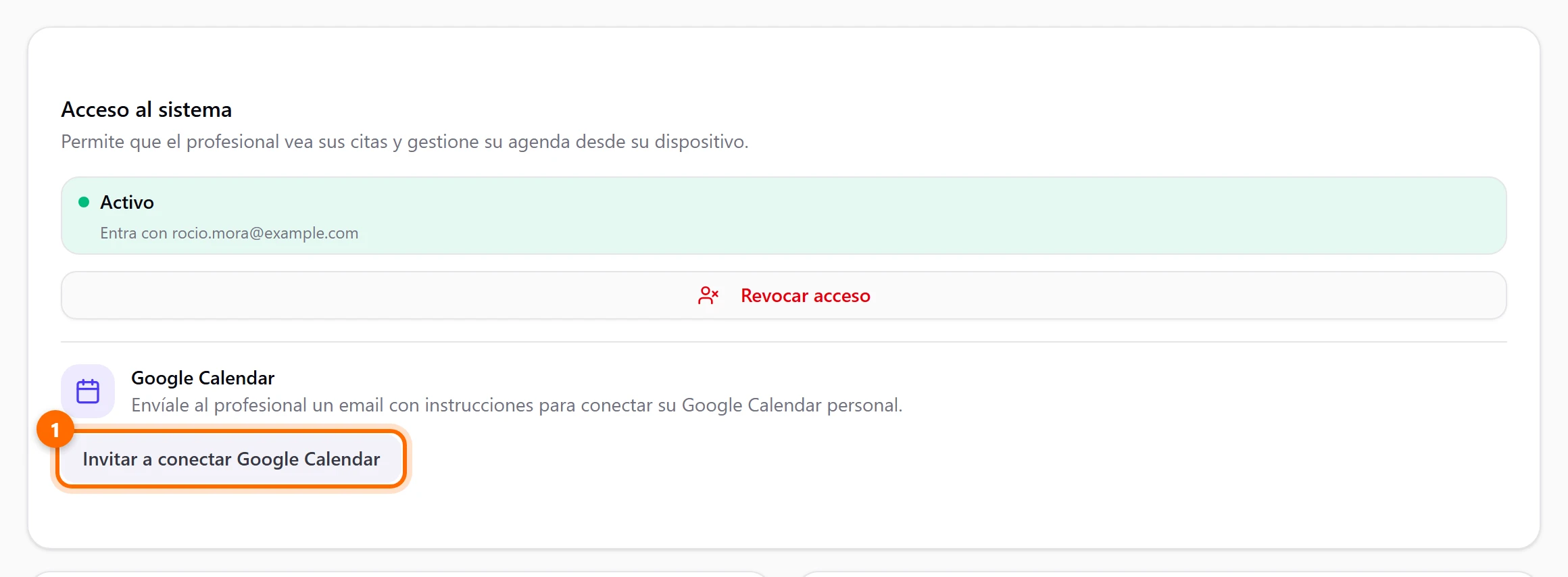 Pestaña Acceso con el bloque Google Calendar y el botón Invitar a conectar Google Calendar