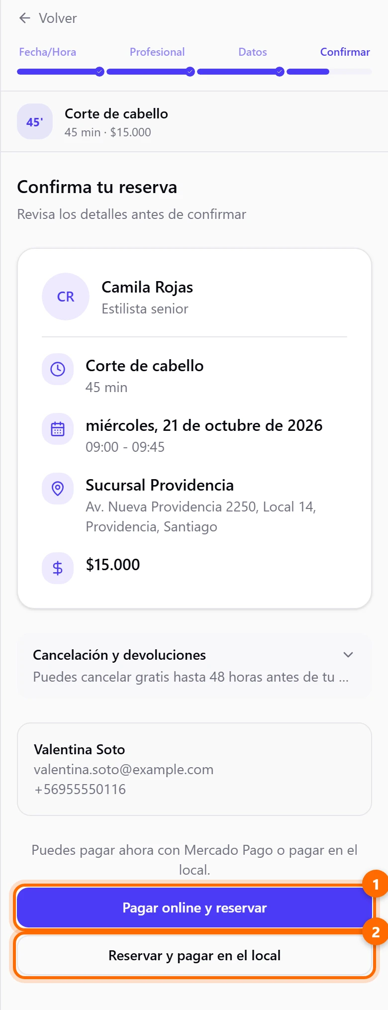 Paso de confirmar con los botones Pagar online y reservar y Reservar y pagar en el local
