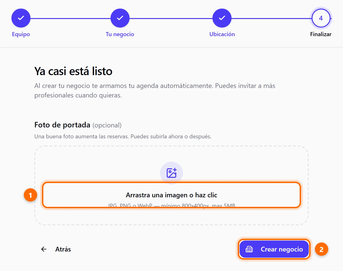 Pantalla Finalizar con el recuadro de foto de portada y el botón Crear negocio