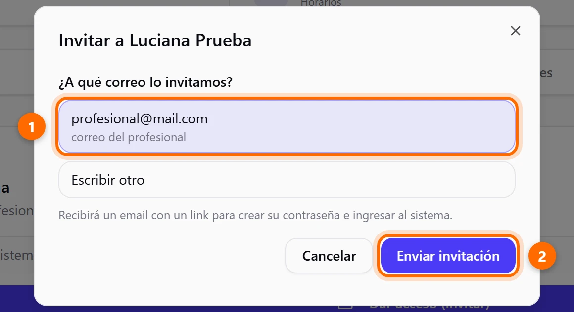 Ventana Invitar a Luciana Prueba con el correo del profesional elegido y el botón Enviar invitación