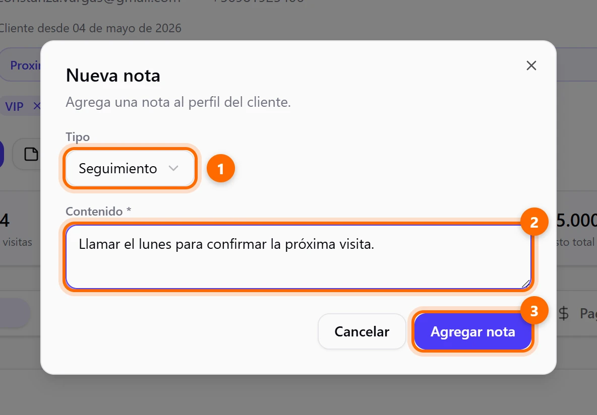 Ventana Nueva nota con tipo Seguimiento y un texto escrito