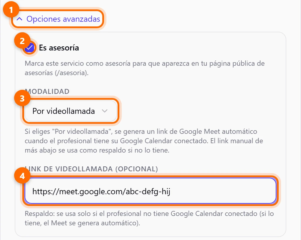Opciones avanzadas de un servicio con Es asesoría marcada, la modalidad Por videollamada y el link de videollamada
