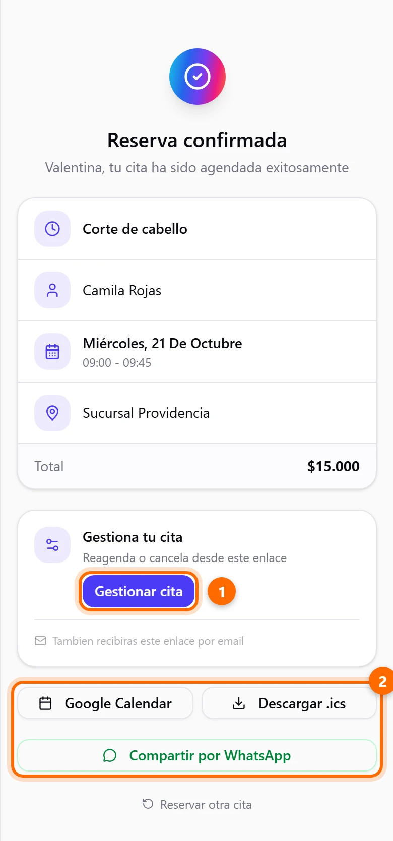 Pantalla Reserva confirmada con el resumen de la cita y los botones Gestionar cita, Google Calendar, Descargar .ics y WhatsApp