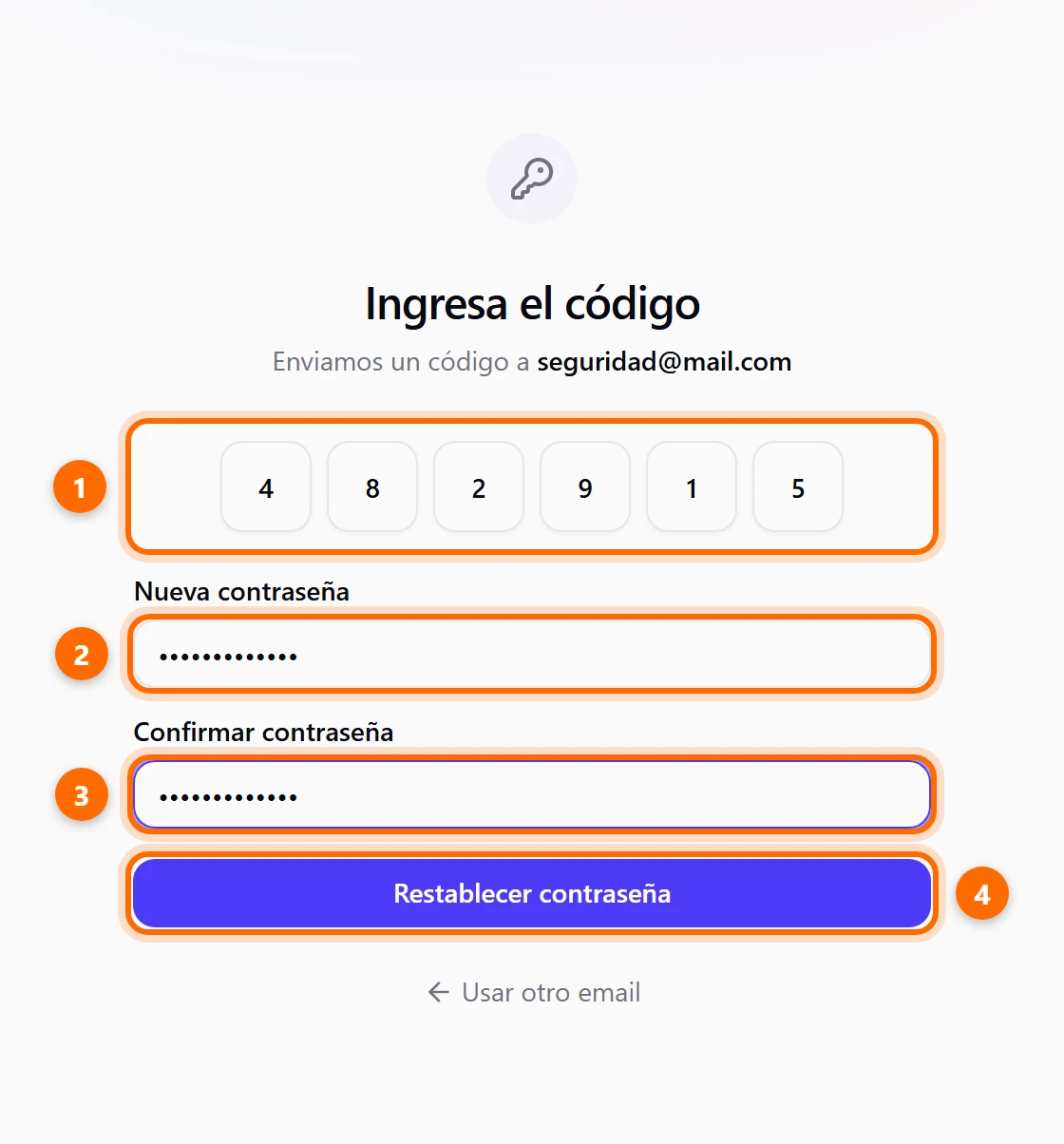 Pantalla Ingresa el código con seis casillas, la contraseña nueva, su confirmación y el botón Restablecer contraseña