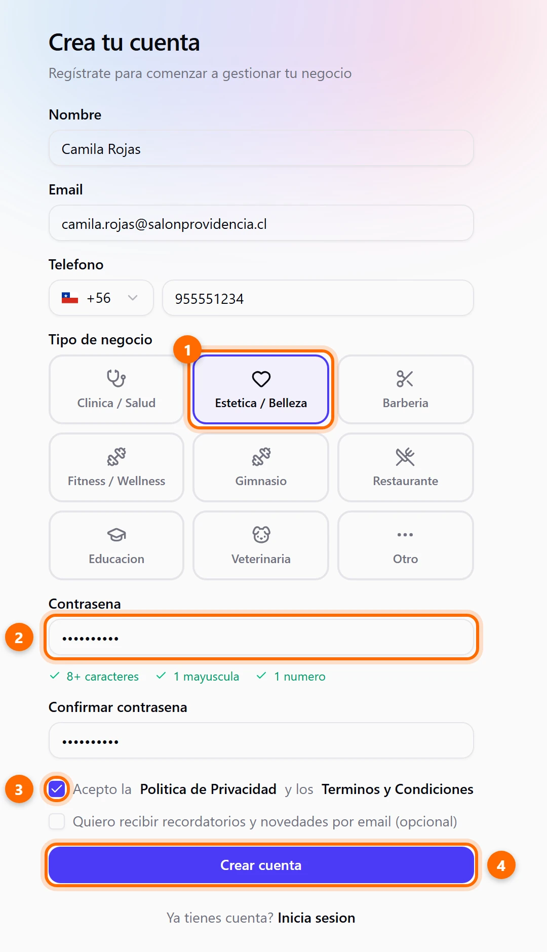 Formulario de registro completo con cuatro puntos marcados