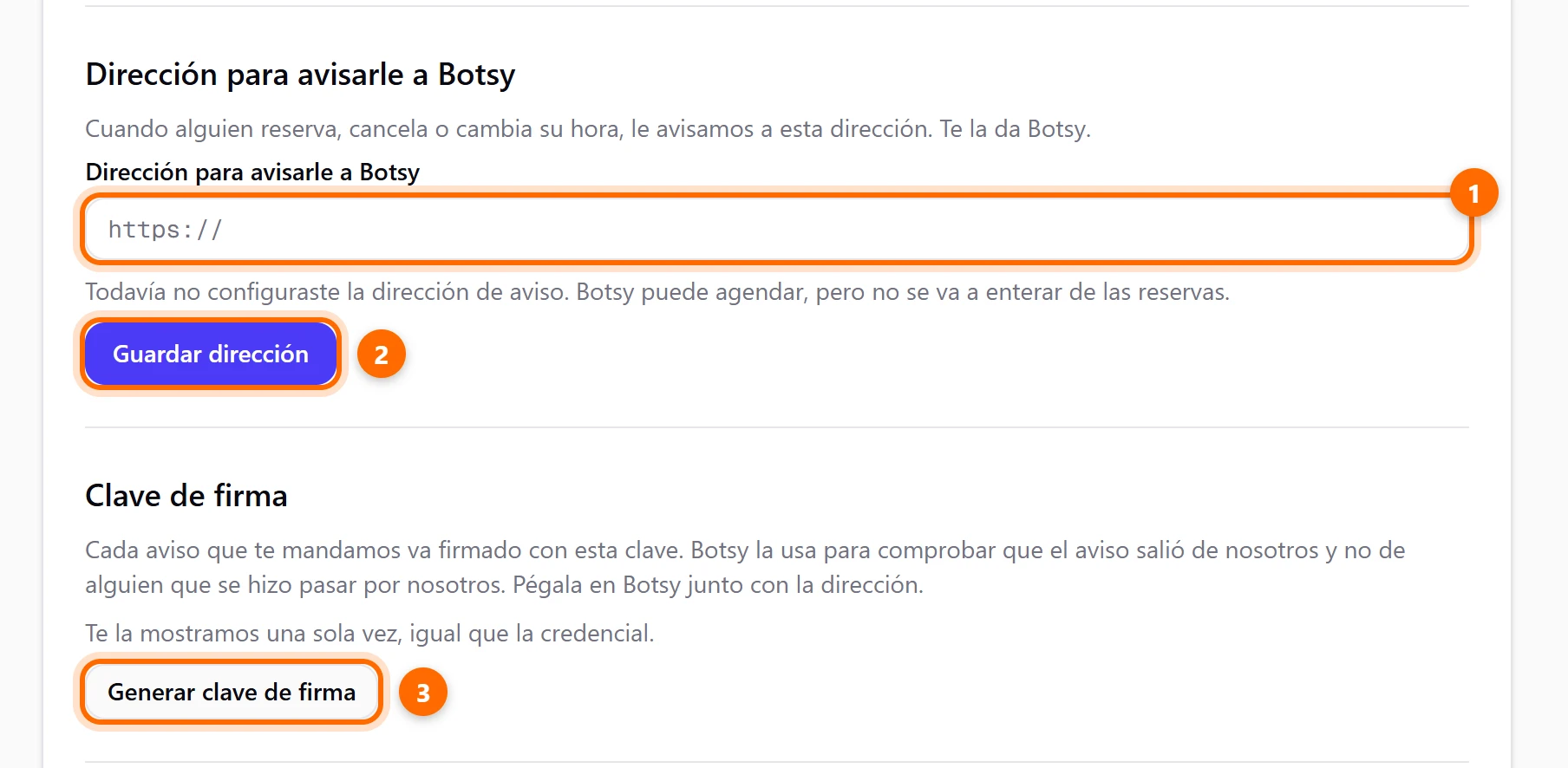Bloques Dirección para avisarle a Botsy y Clave de firma con el campo de dirección y los botones Guardar dirección y Generar clave de firma