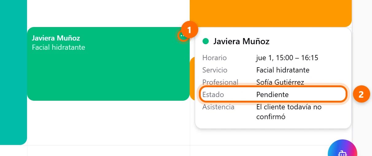 Cita con el cursor encima: botón de tres puntos y resumen con el estado