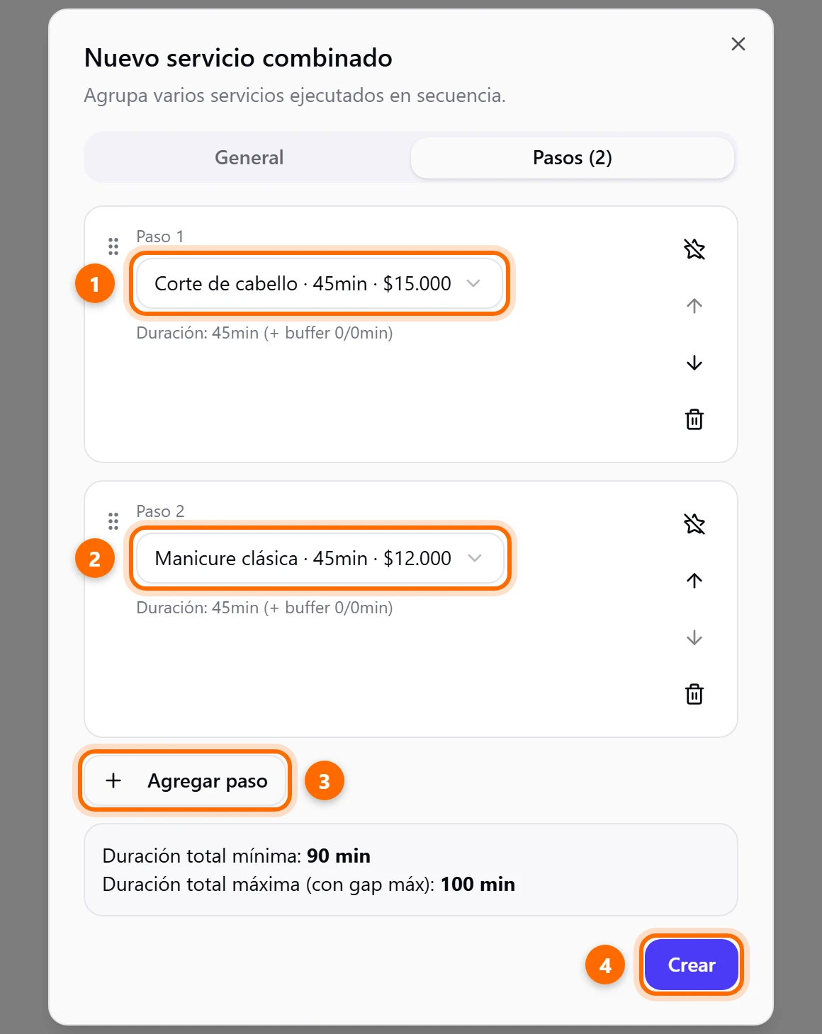 Pestaña Pasos con dos servicios en secuencia y las duraciones total mínima y máxima