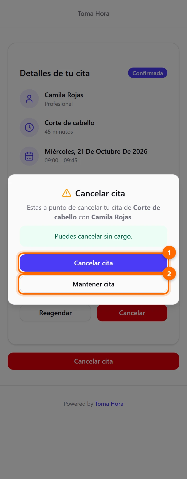 Aviso para confirmar la cancelación con los botones Cancelar cita y Mantener cita
