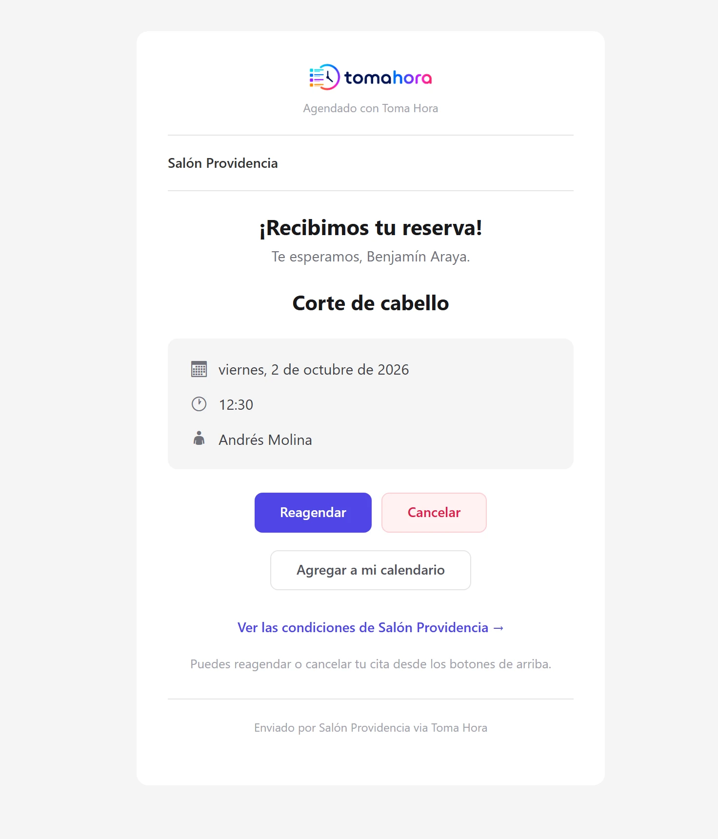 Correo de confirmación con el servicio, la fecha, la hora, el profesional y los botones Reagendar y Cancelar