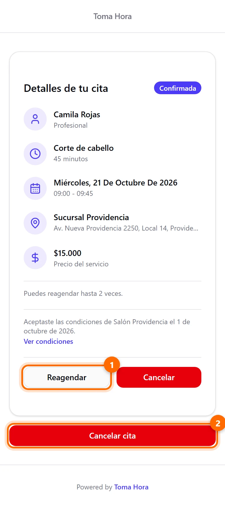 Página Detalles de tu cita con los botones Reagendar y Cancelar cita