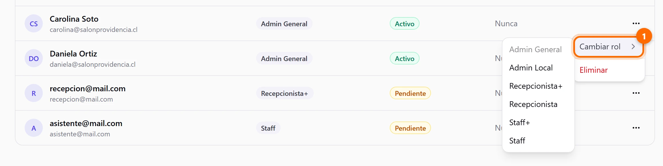 Menú de una fila con Cambiar rol desplegado: Admin General, Admin Local, Recepcionista+, Recepcionista, Staff+ y Staff