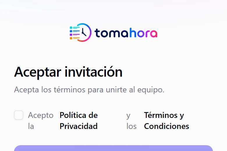 Pantalla Aceptar invitación con la casilla de términos y condiciones