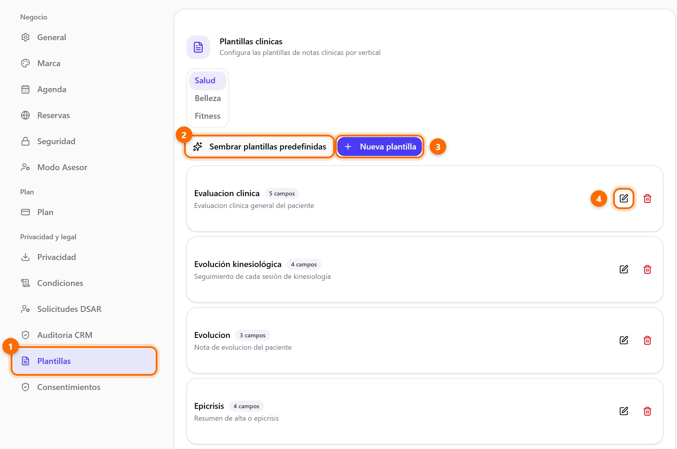 Configuraciones, sección Plantillas, con la lista de plantillas de Salud y cuatro puntos marcados