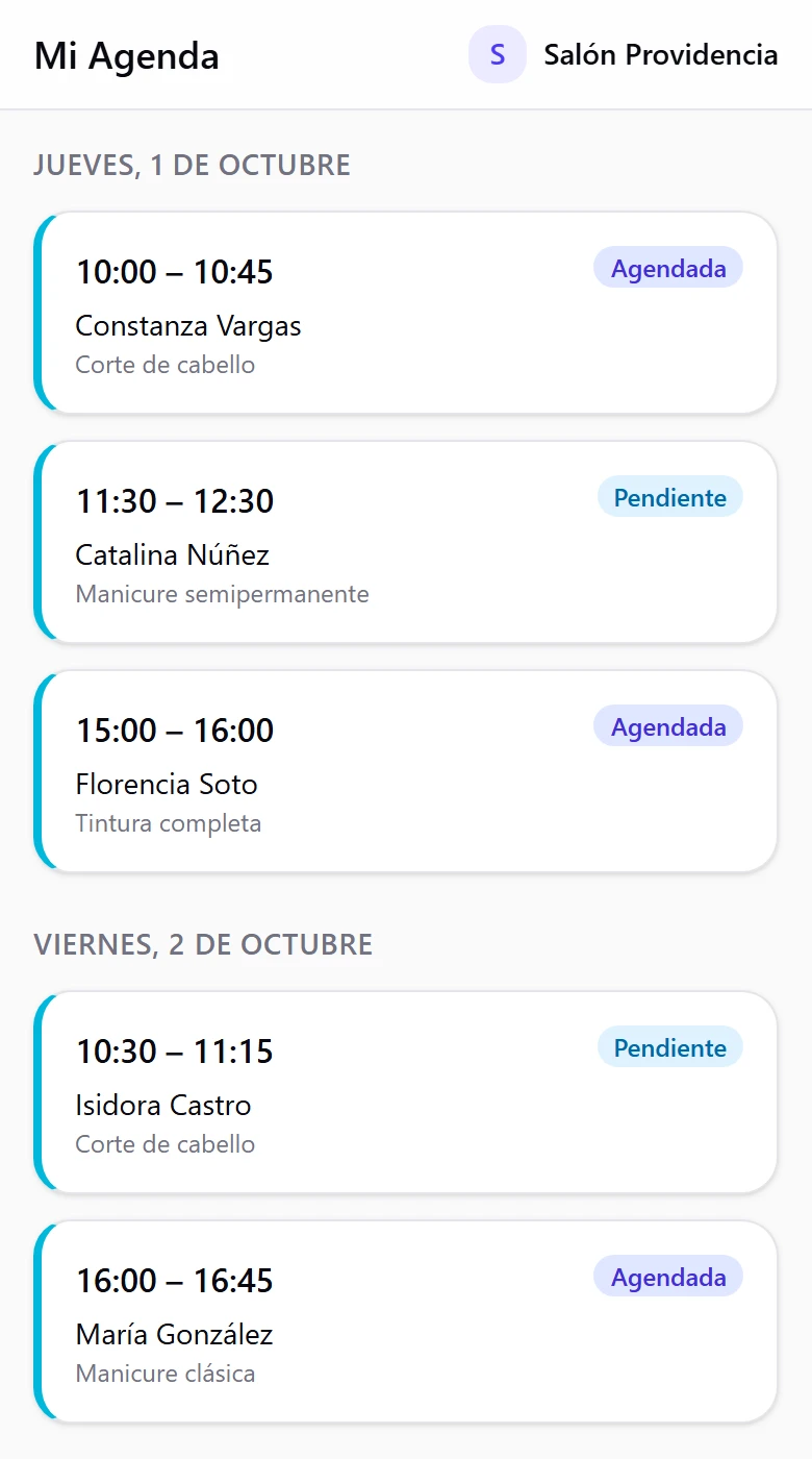 Mi Agenda con las citas de los próximos días agrupadas por día