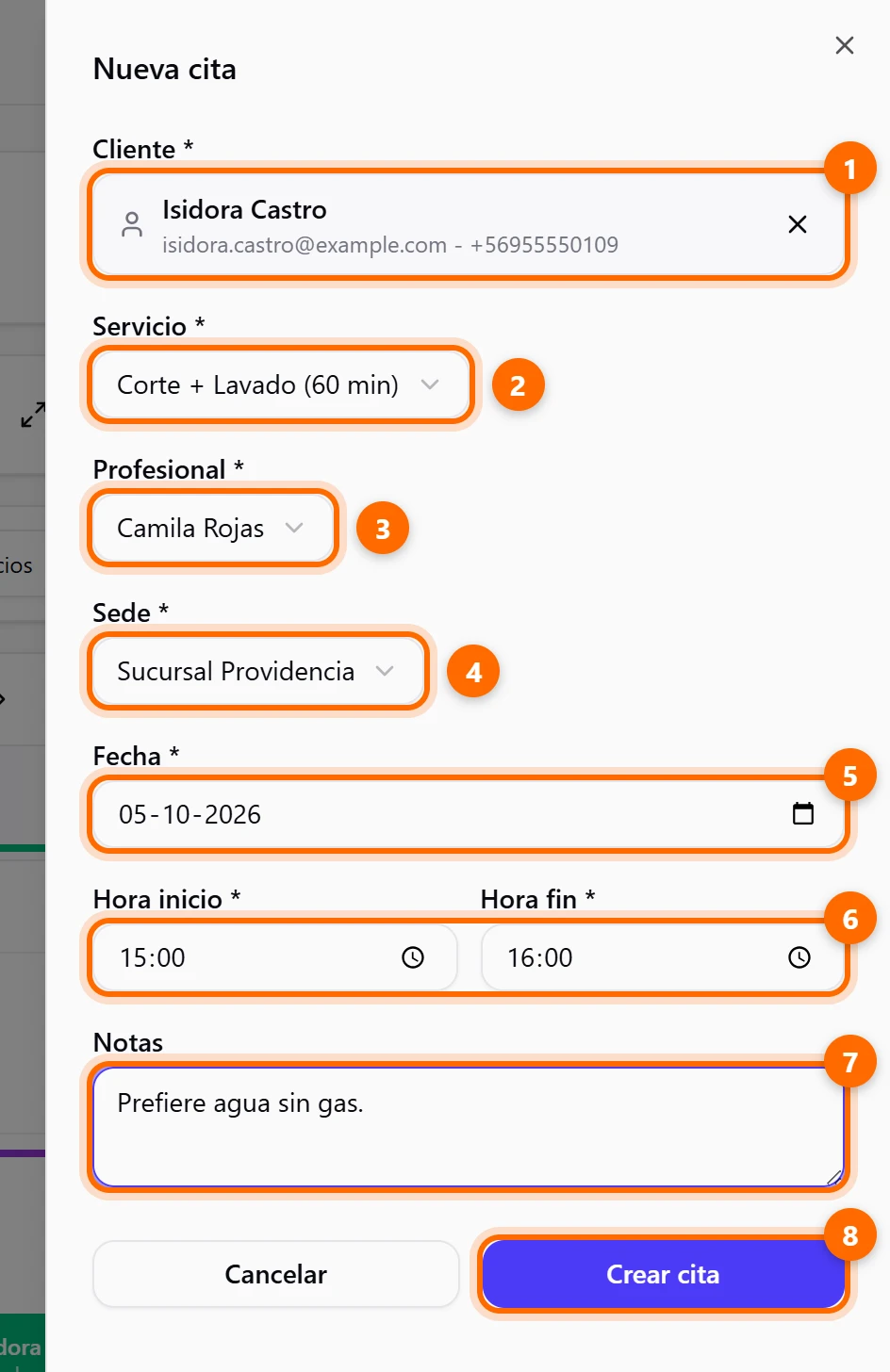 Formulario Nueva cita completo con ocho puntos marcados