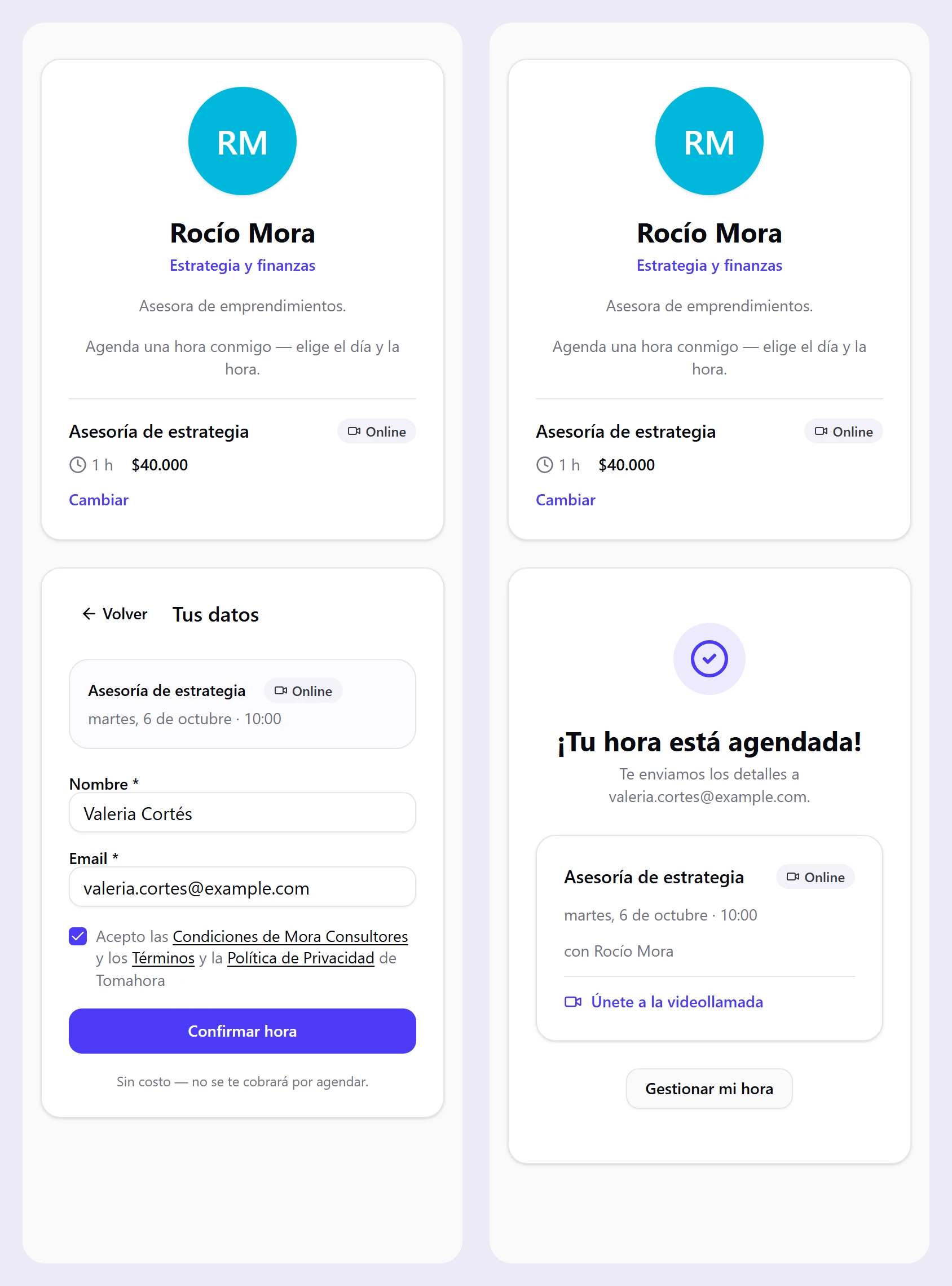 Dos pantallas del celular: el formulario de datos y la confirmación de la hora