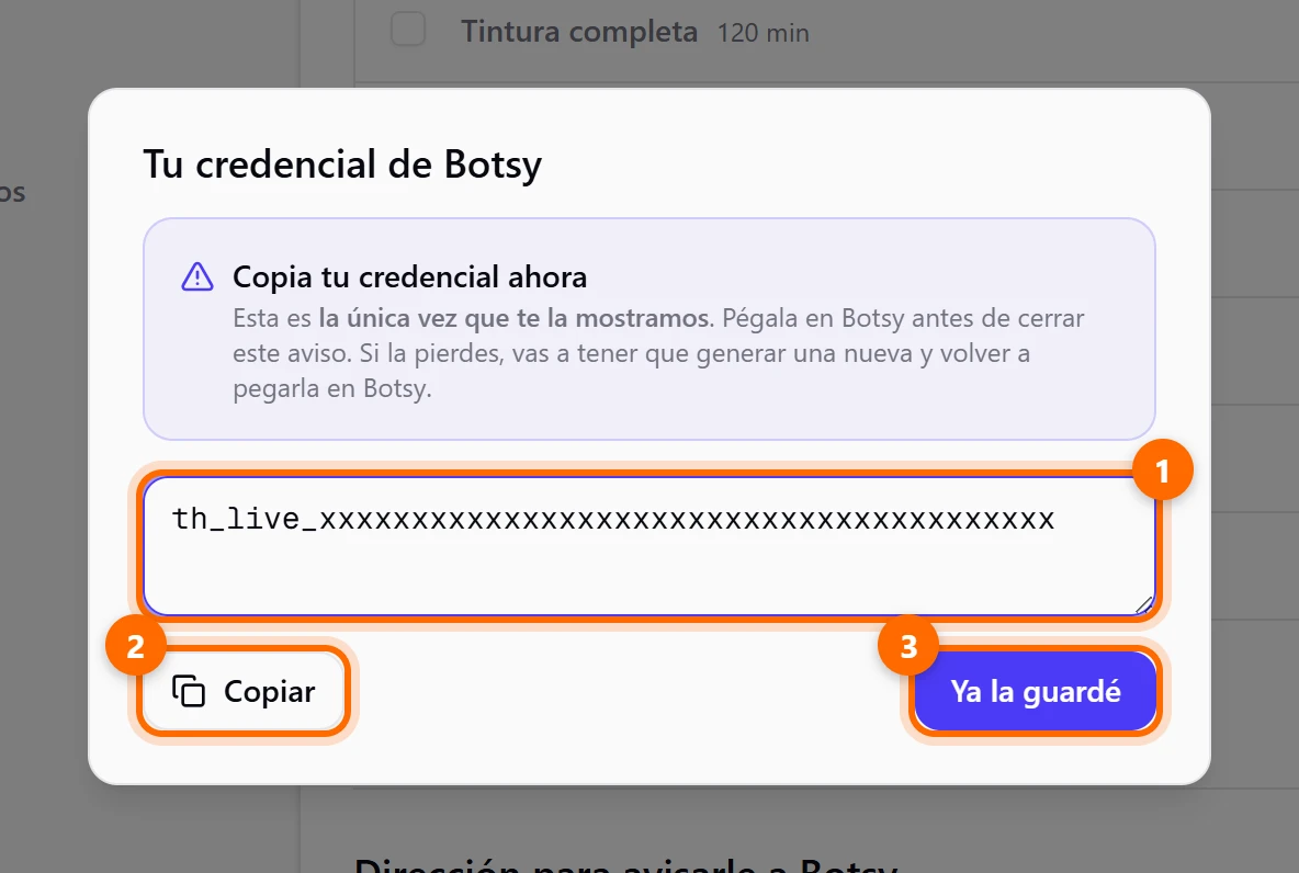 Ventana Tu credencial de Botsy con el campo de la credencial, el botón Copiar y el botón Ya la guardé