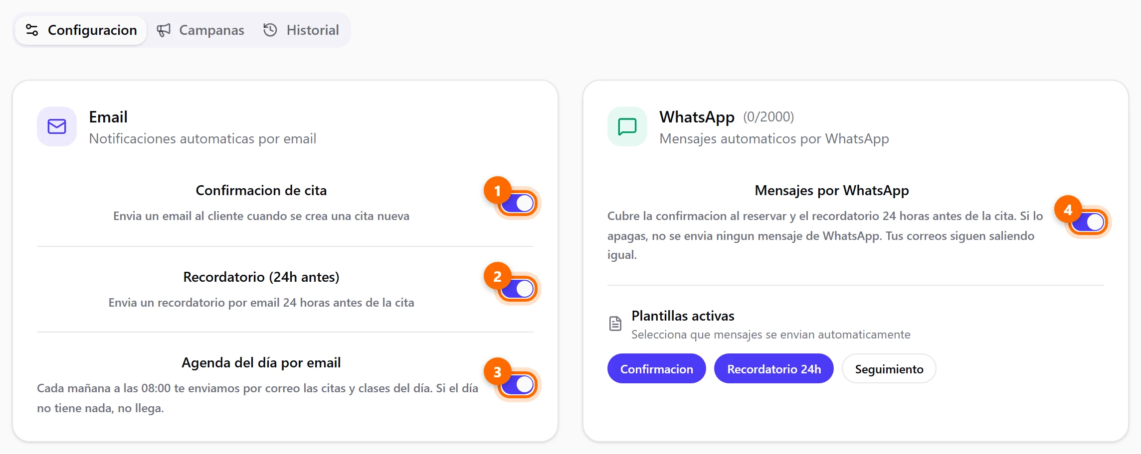 Pestaña Configuracion con las tarjetas Email y WhatsApp y cuatro interruptores marcados