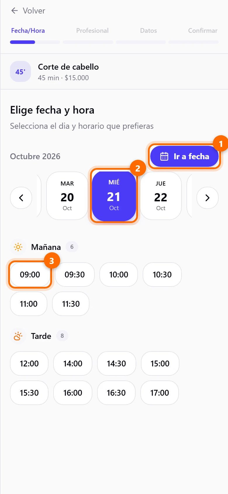 Paso Fecha y hora con la tira de días y los horarios de la mañana y la tarde