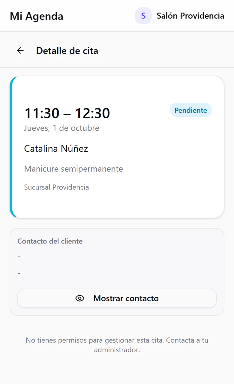 Detalle de cita sin botones y con el mensaje: No tienes permisos para gestionar esta cita
