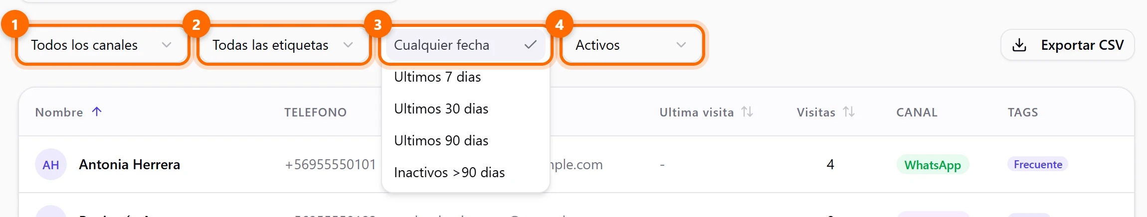 Los cuatro filtros de la lista de clientes, con el de fecha desplegado