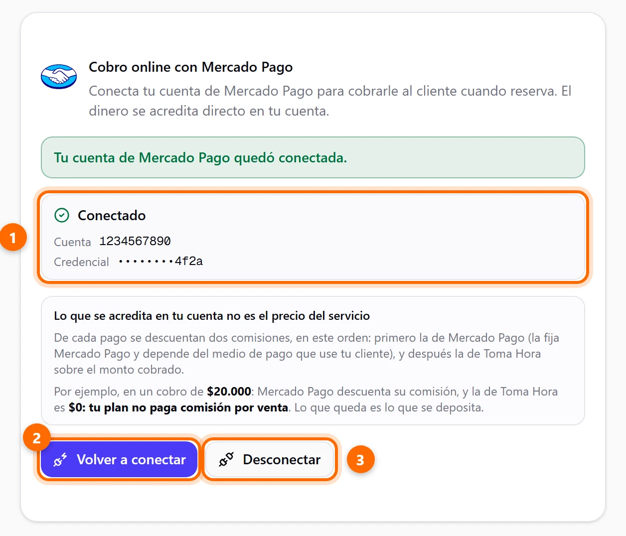 Tarjeta de Mercado Pago con el aviso de cuenta conectada y los datos de la cuenta