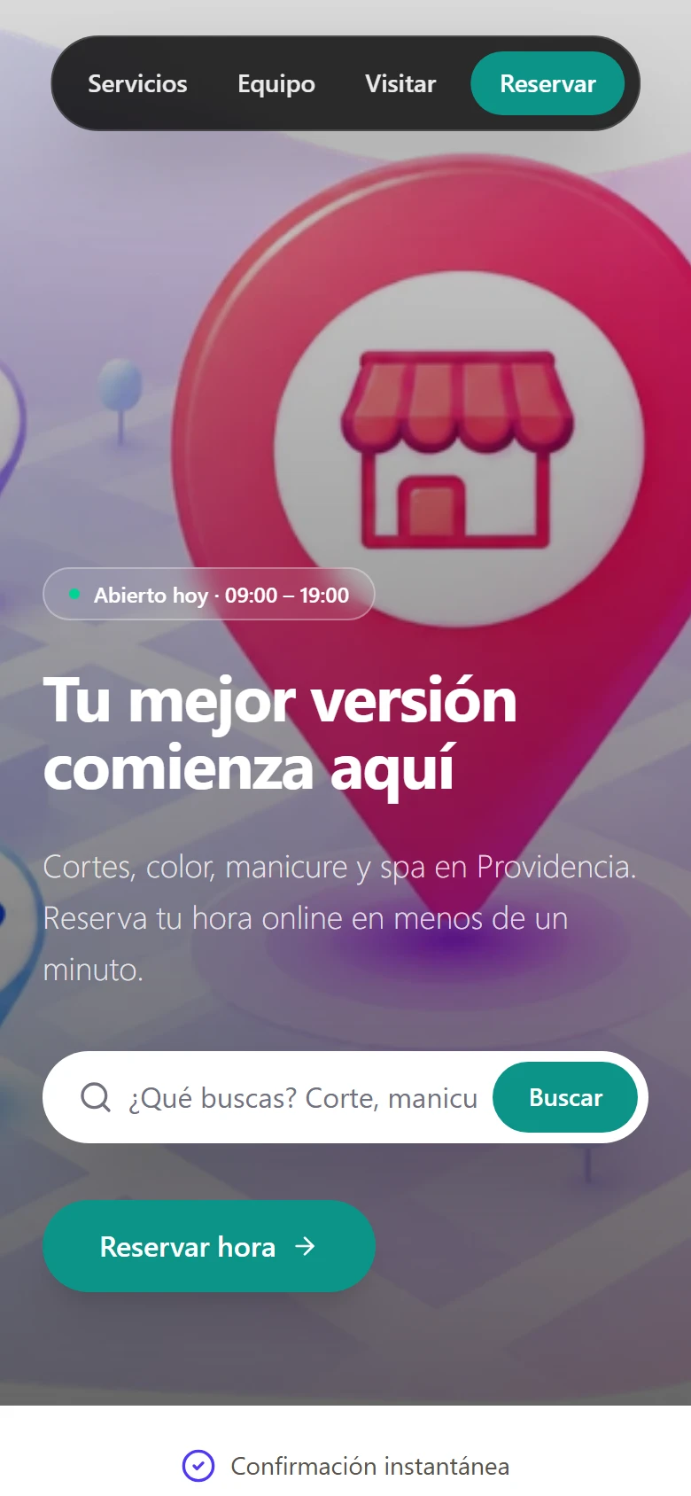 Portada de la página de reservas en un teléfono, con el botón Reservar hora