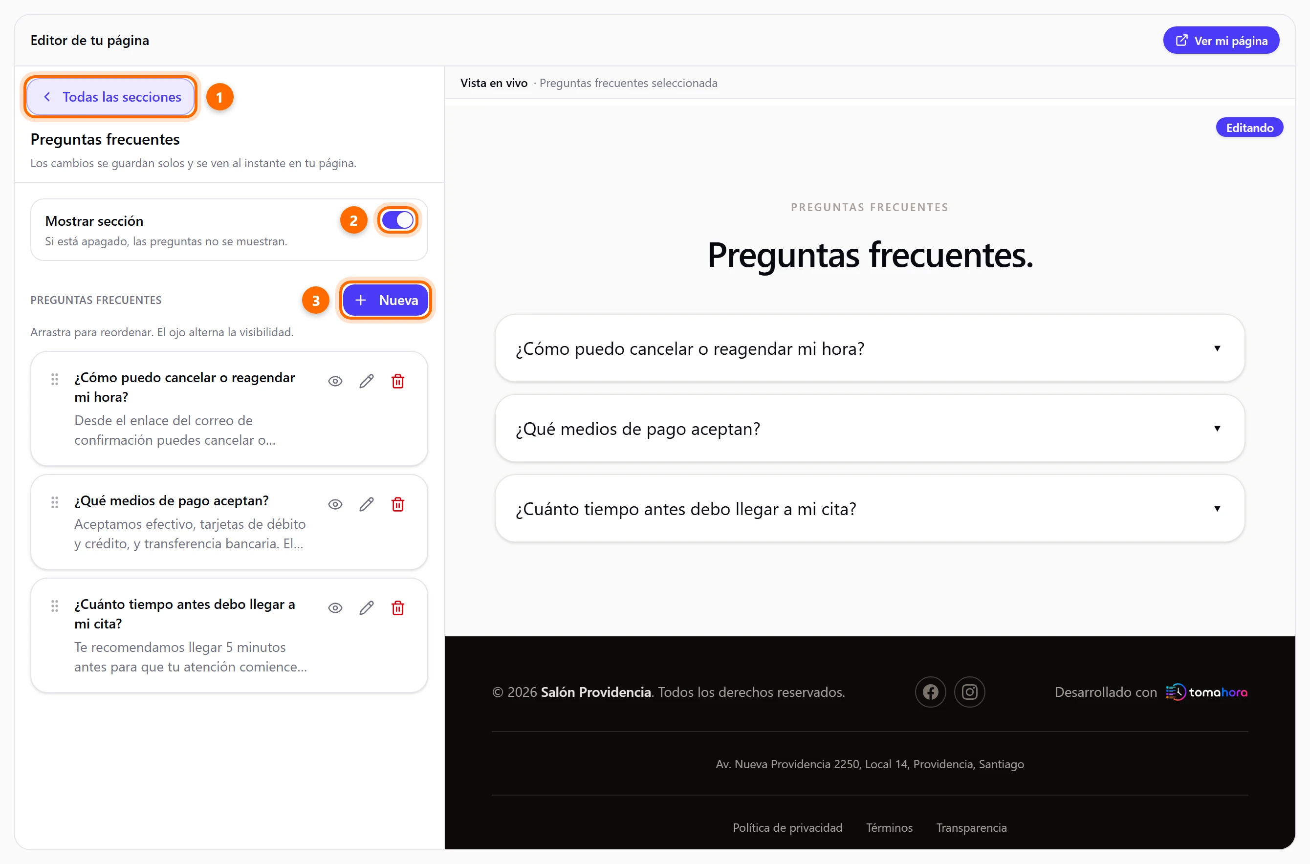 Panel de Preguntas frecuentes con tres preguntas y el botón Nueva