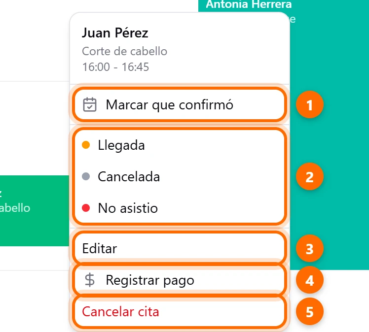 Menú de la cita con marcar que confirmó, estados, editar, registrar pago y cancelar