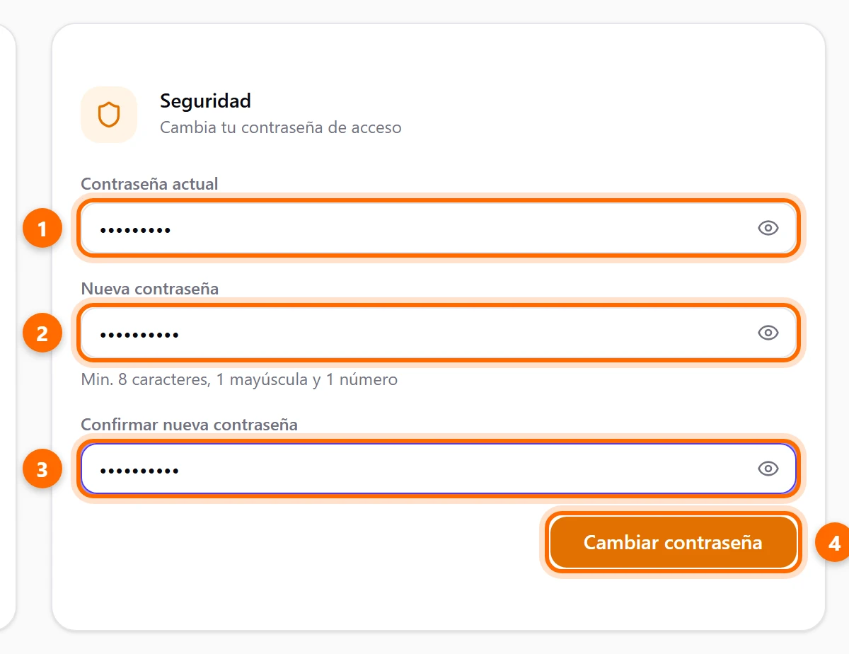 Tarjeta Seguridad con los campos Contraseña actual, Nueva contraseña, Confirmar nueva contraseña y el botón Cambiar contraseña