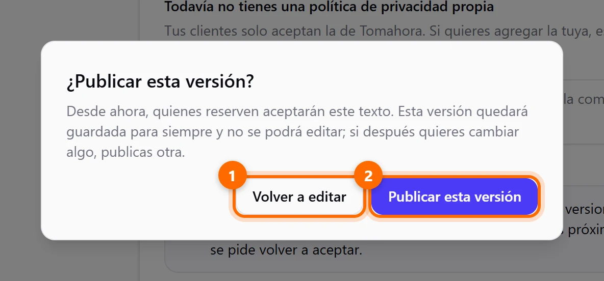 Ventana ¿Publicar esta versión? con los botones Volver a editar y Publicar esta versión