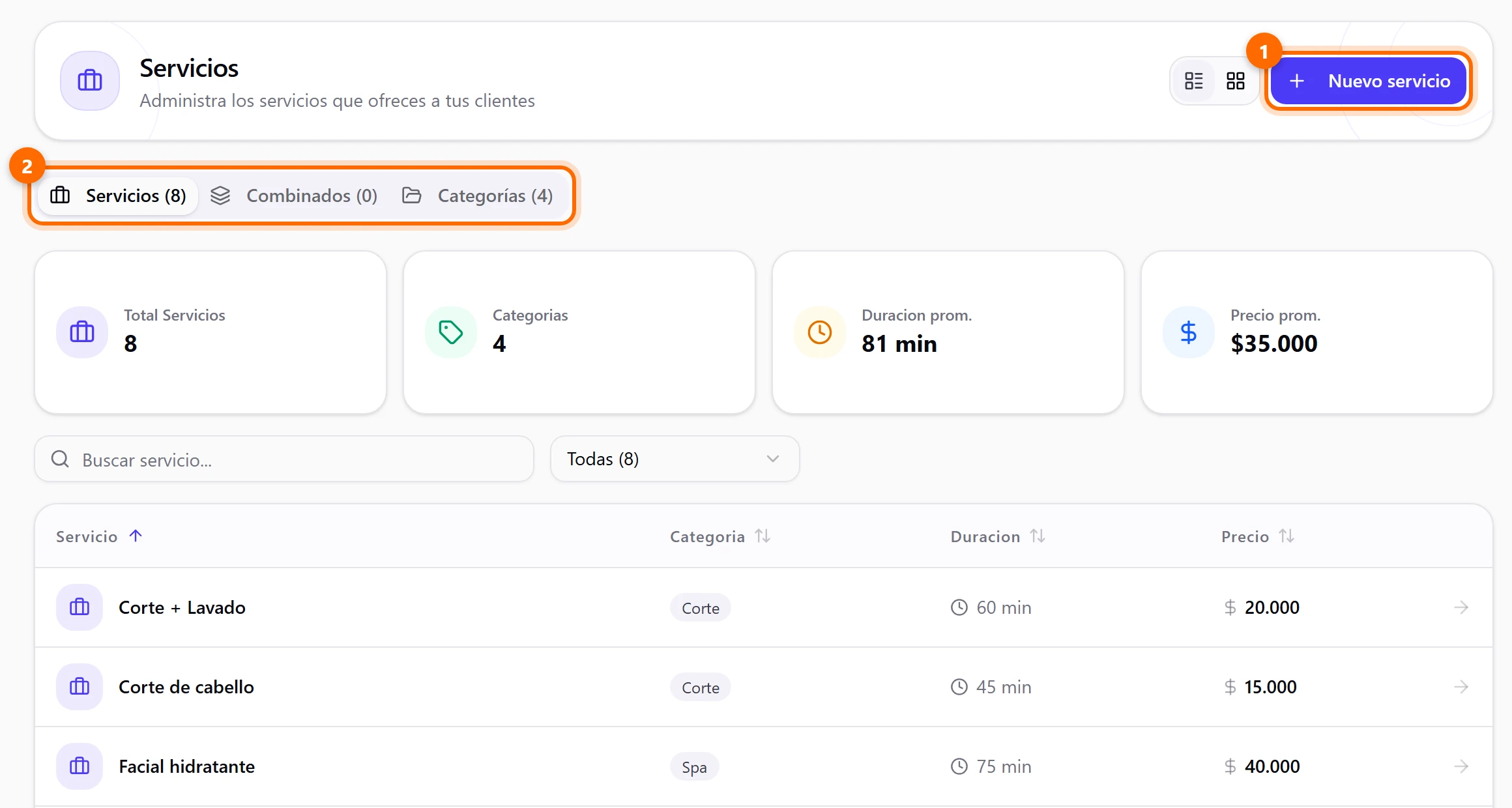 Pantalla Servicios con las pestañas Servicios, Combinados y Categorías, las tarjetas de resumen y la lista de servicios