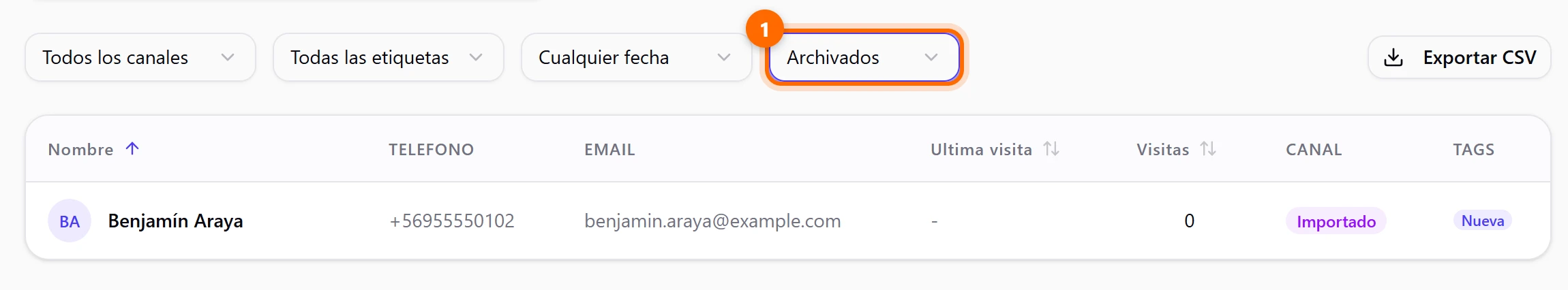 Lista de clientes con el filtro Archivados y un cliente archivado