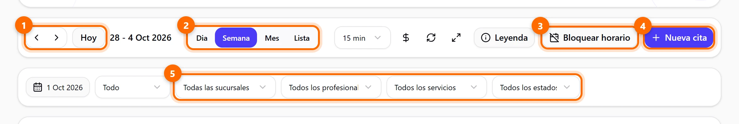Barra de herramientas de la Agenda con cinco puntos marcados
