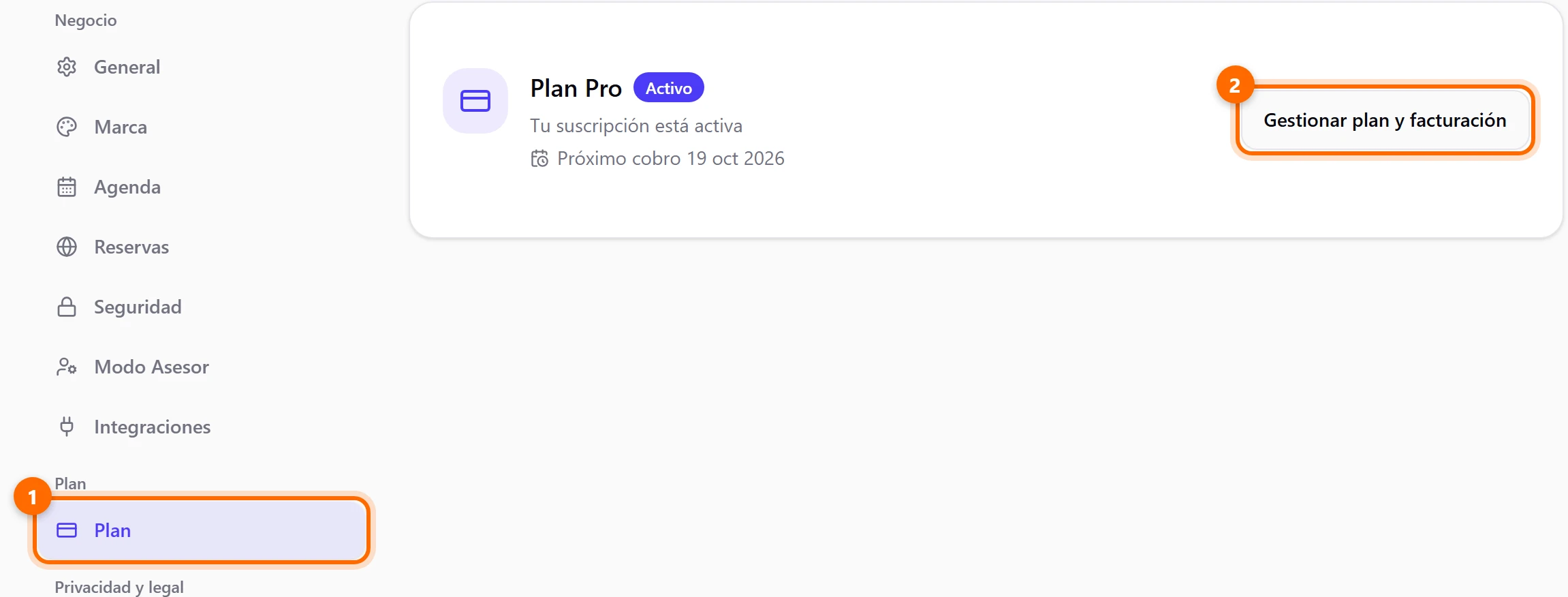 Configuraciones, pestaña Plan, con el botón Gestionar plan y facturación