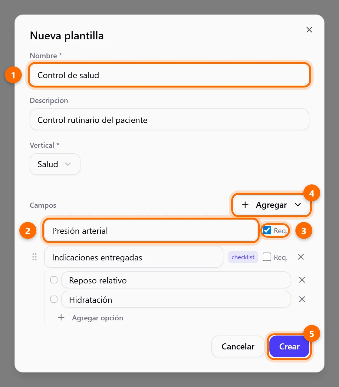 Ventana Nueva plantilla con nombre, campos y checklist, y cinco puntos marcados