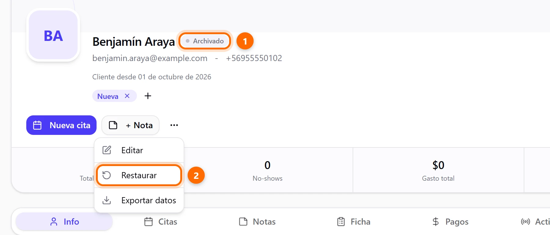 Ficha de un cliente archivado con el menú que ofrece Restaurar