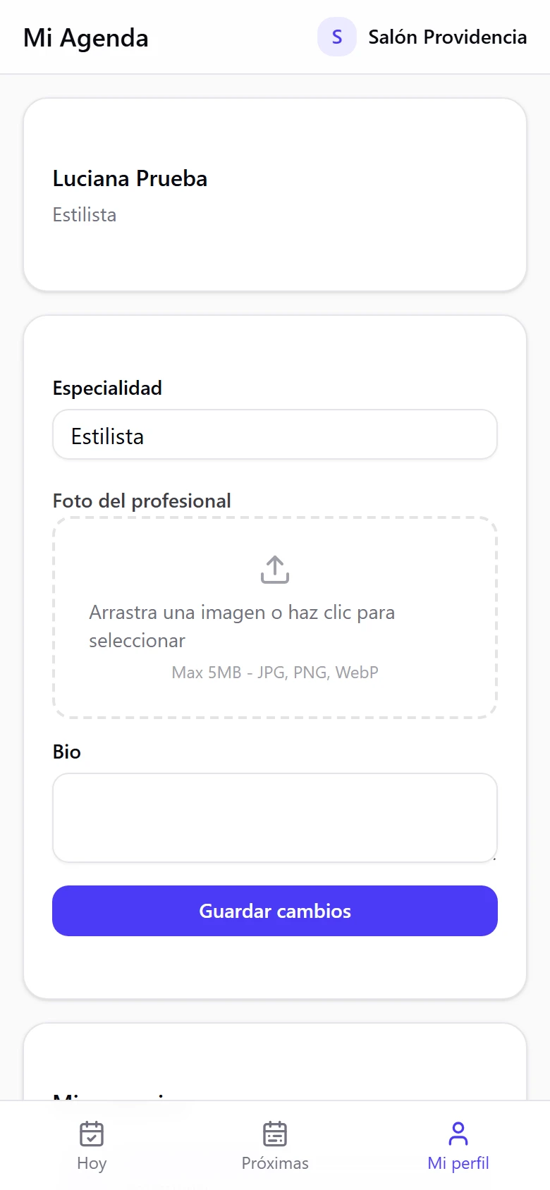 Mi perfil del profesional con especialidad, foto, bio y el botón Guardar cambios