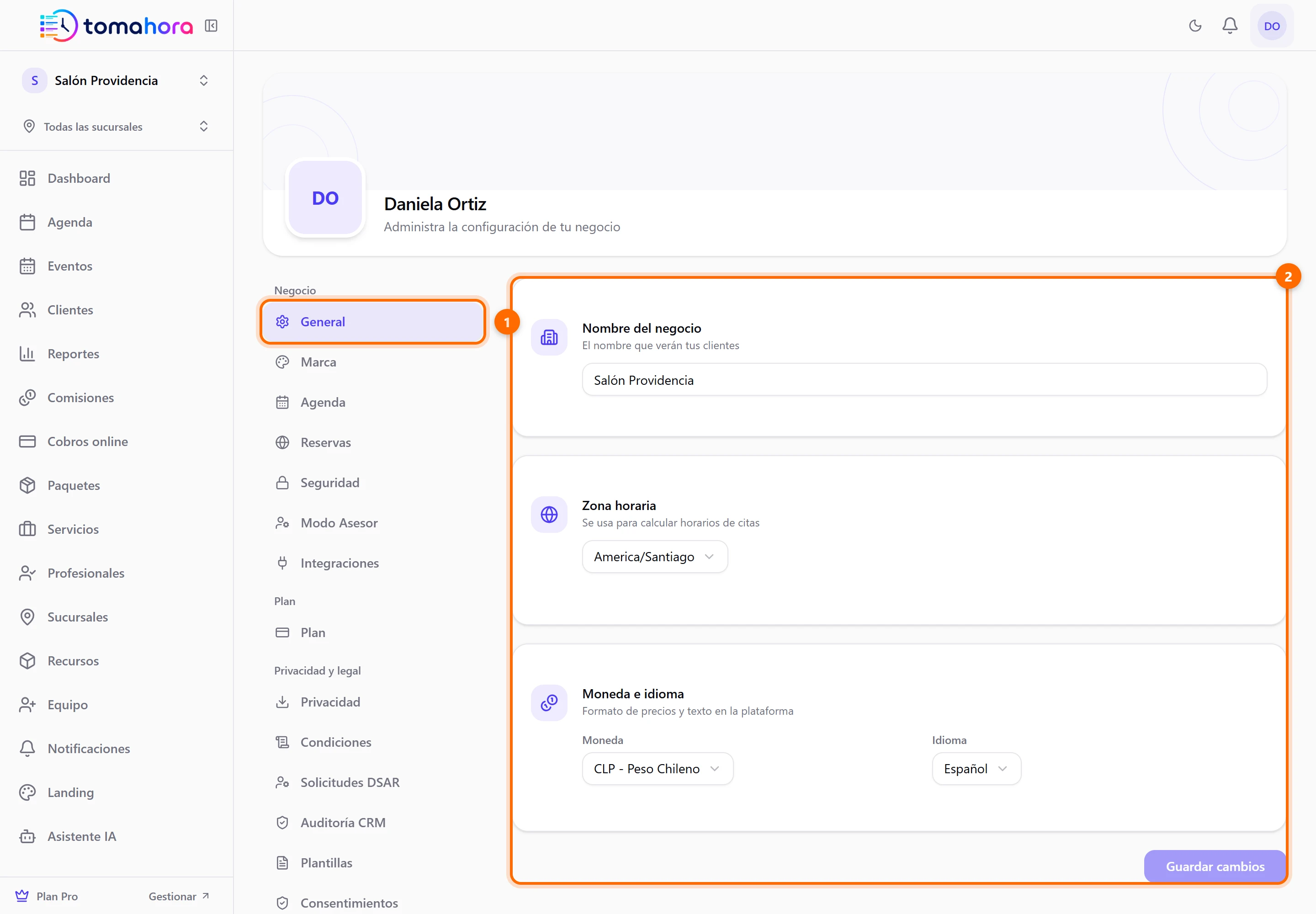 Pantalla de Configuraciones con el menú de la izquierda y la pestaña General abierta