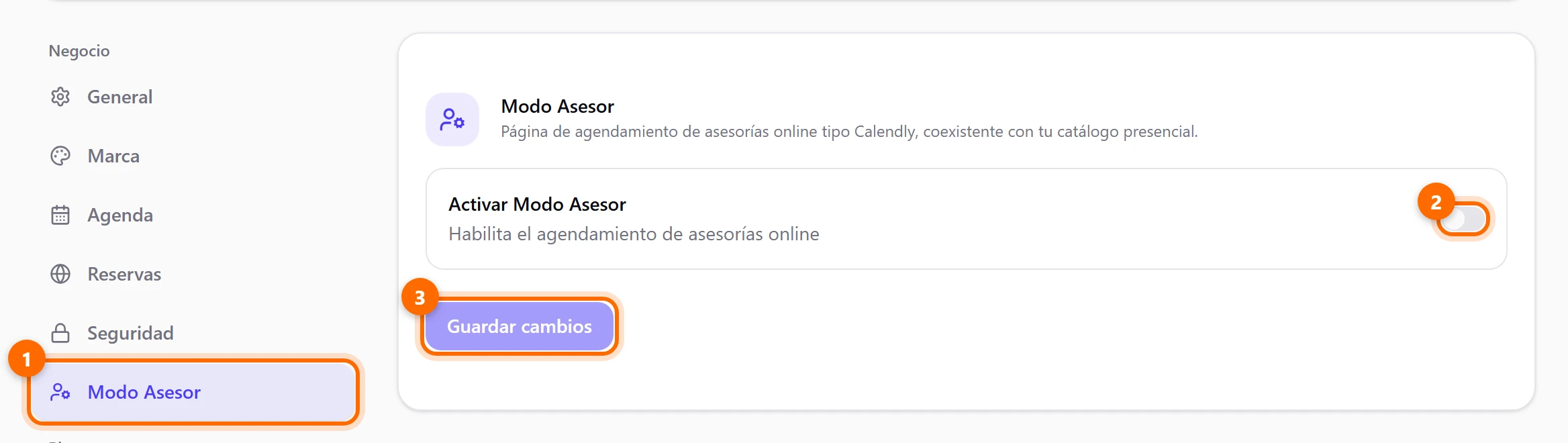 Pestaña Modo Asesor con el interruptor Activar Modo Asesor apagado y el botón Guardar cambios