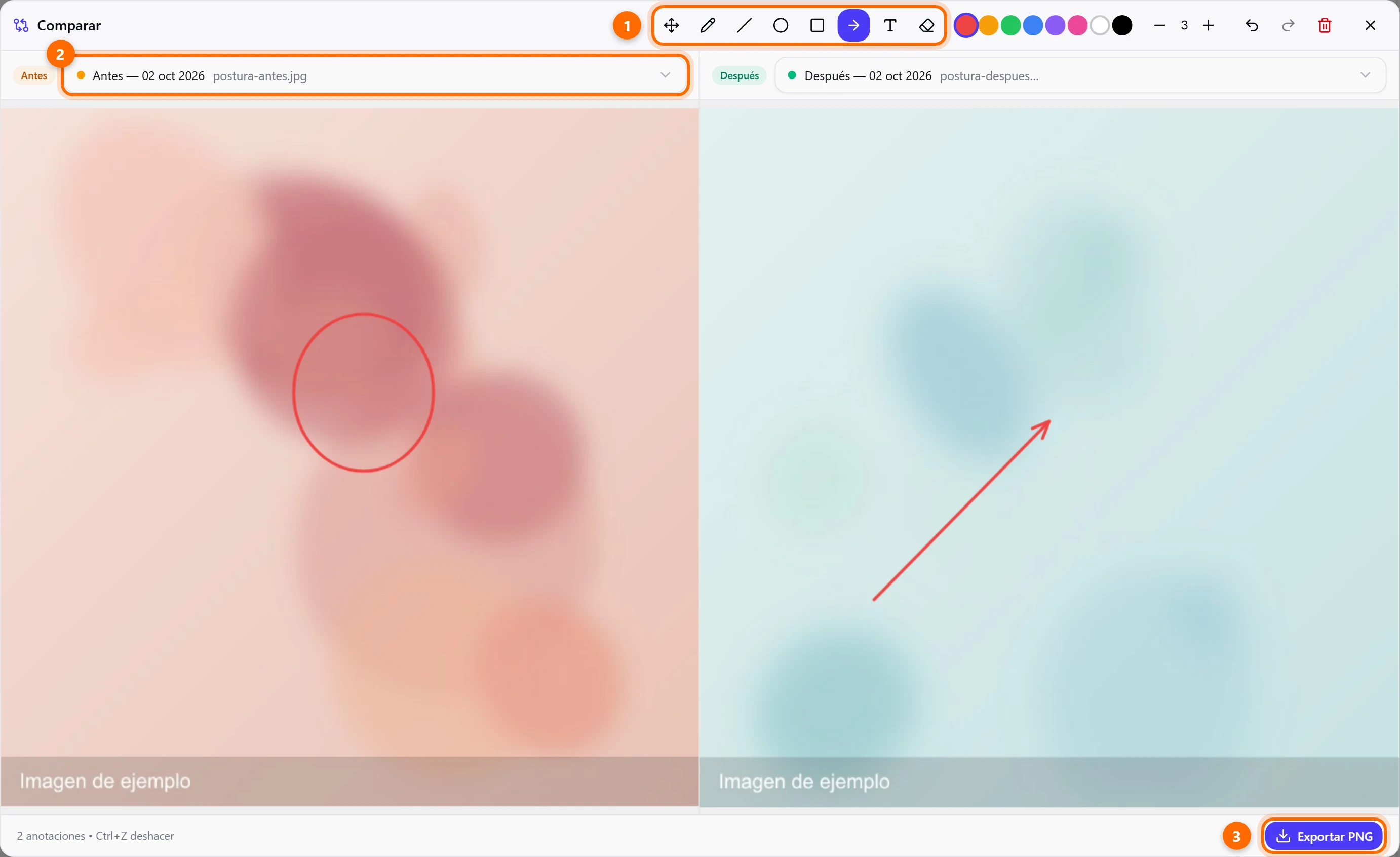 Comparador con una foto de antes y una de después, anotaciones y tres puntos marcados