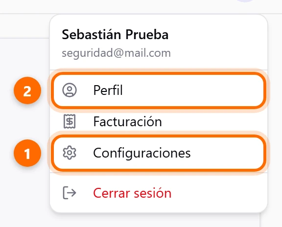 Menú del avatar con las opciones Perfil, Facturación, Configuraciones y Cerrar sesión