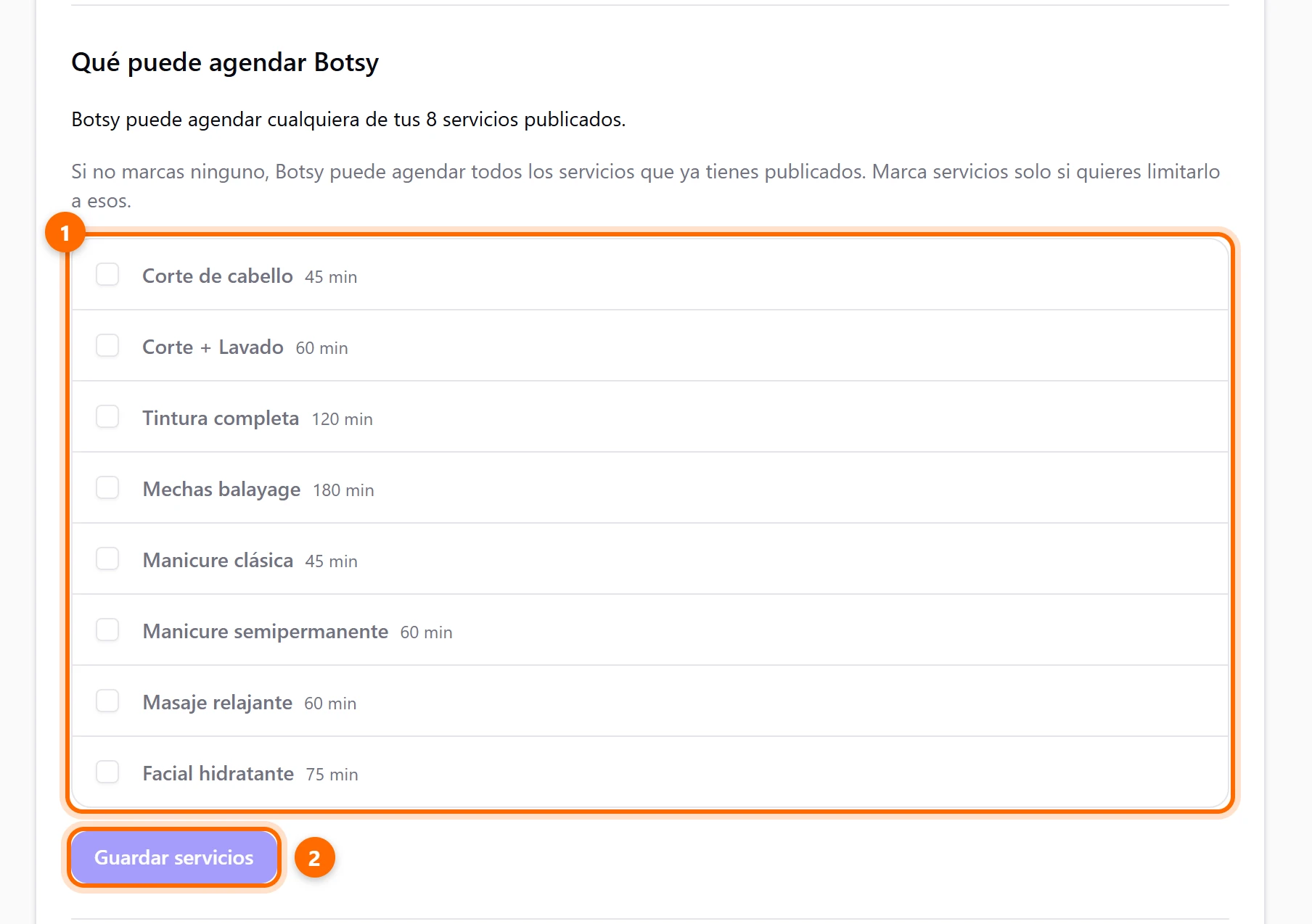 Lista Qué puede agendar Botsy con los servicios publicados y el botón Guardar servicios