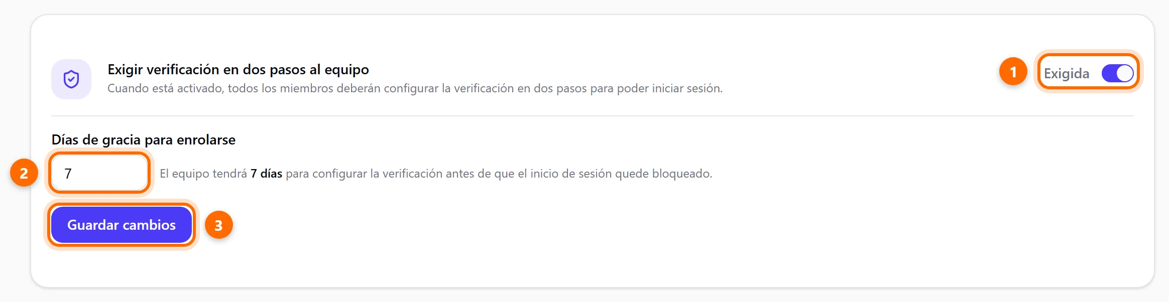Tarjeta de verificación en dos pasos con el interruptor en Exigida, los días de gracia y el botón Guardar cambios