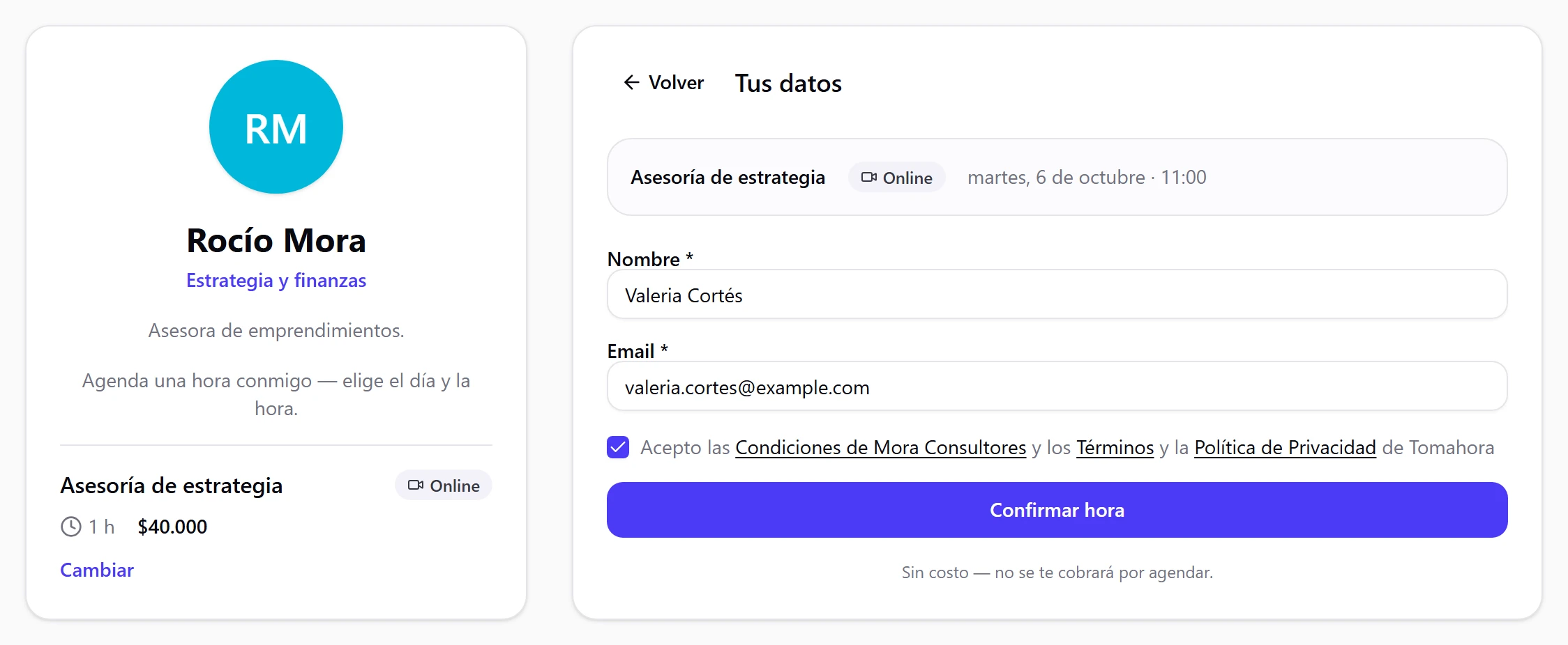 Formulario Tus datos con nombre, email, la casilla de condiciones y el botón Confirmar hora