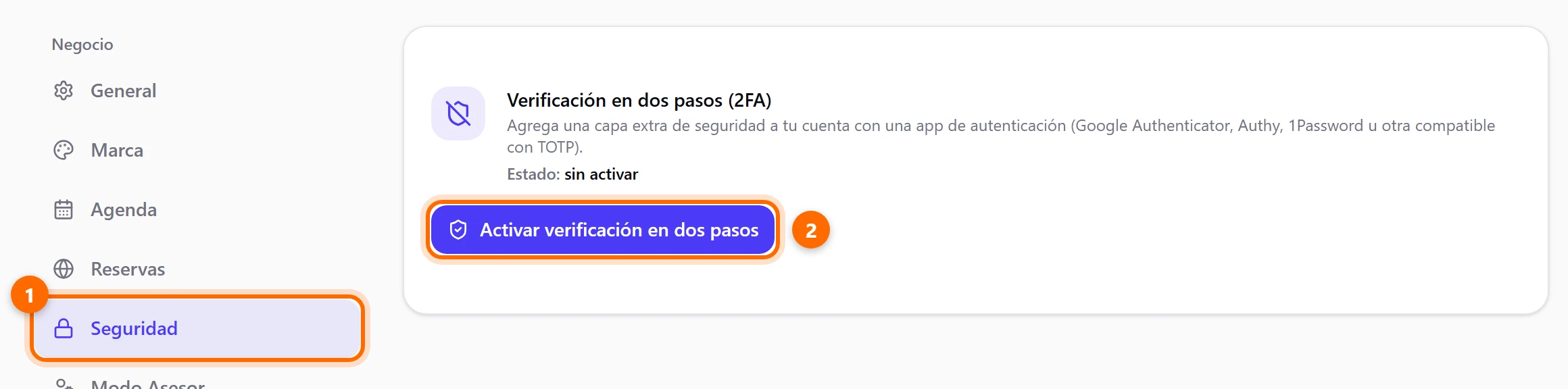 Tarjeta Verificación en dos pasos (2FA) con el estado sin activar y el botón Activar verificación en dos pasos