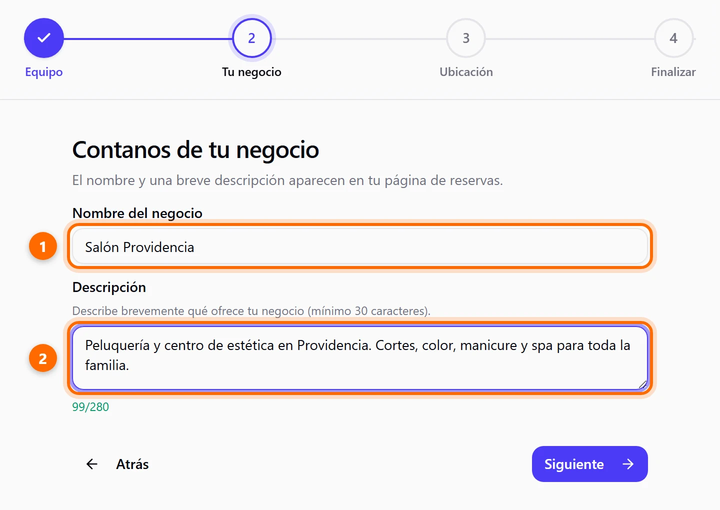 Pantalla Tu negocio con nombre y descripción escritos