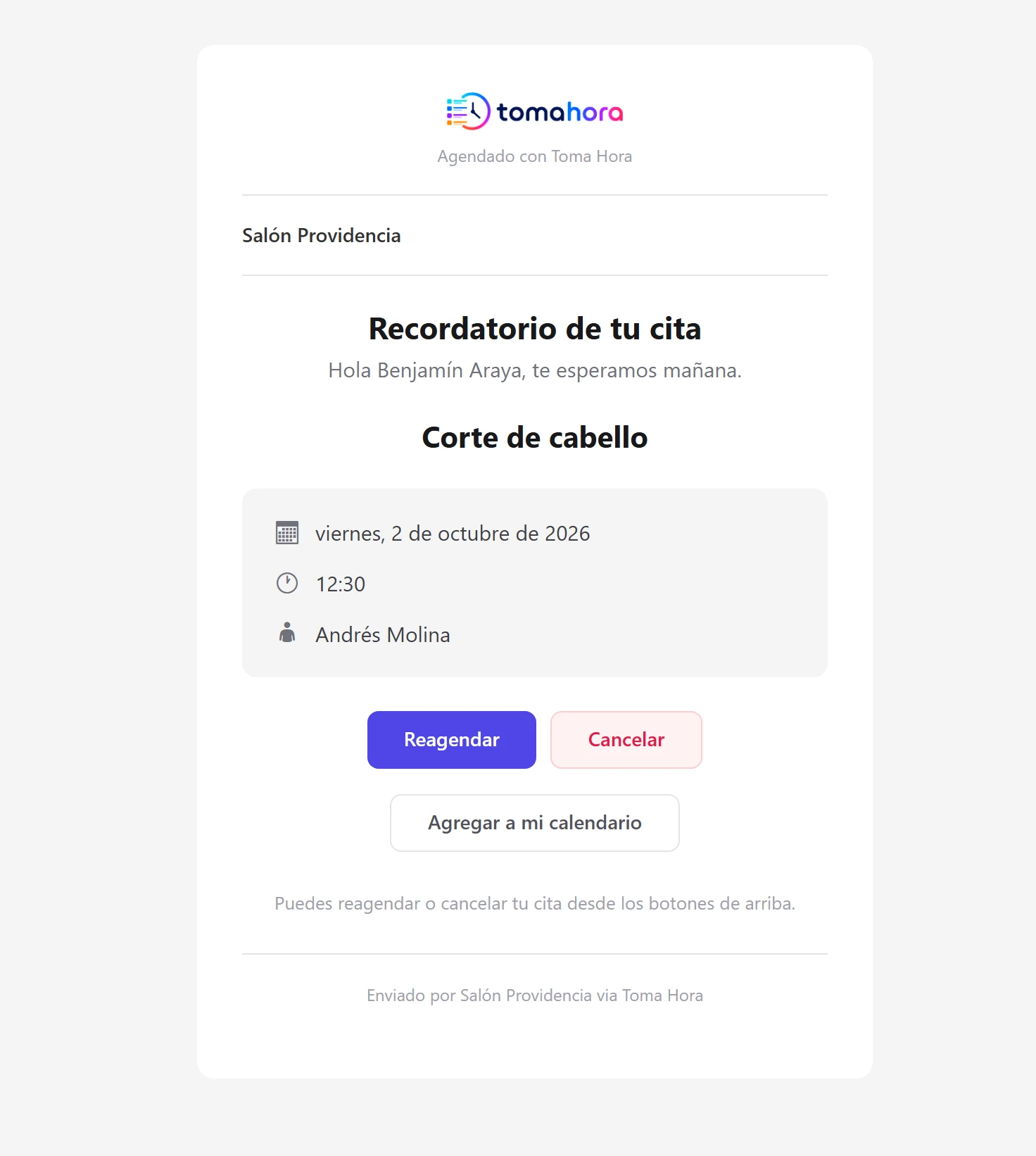 Correo Recordatorio de tu cita con los datos de la cita y los botones Reagendar y Cancelar